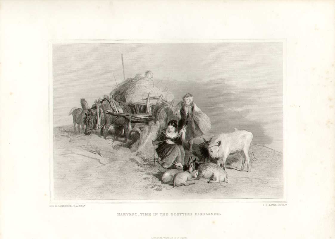 Original Old Antique Print Landseer Harvest Time In Scottish Highlands