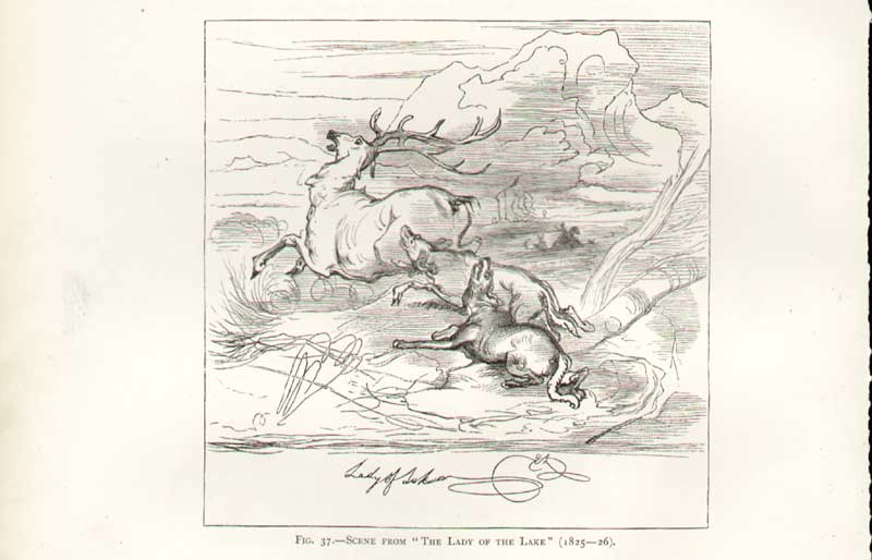 Original Old Antique Print Landseer Sketch .Scene From Lady Lake 1825 19th