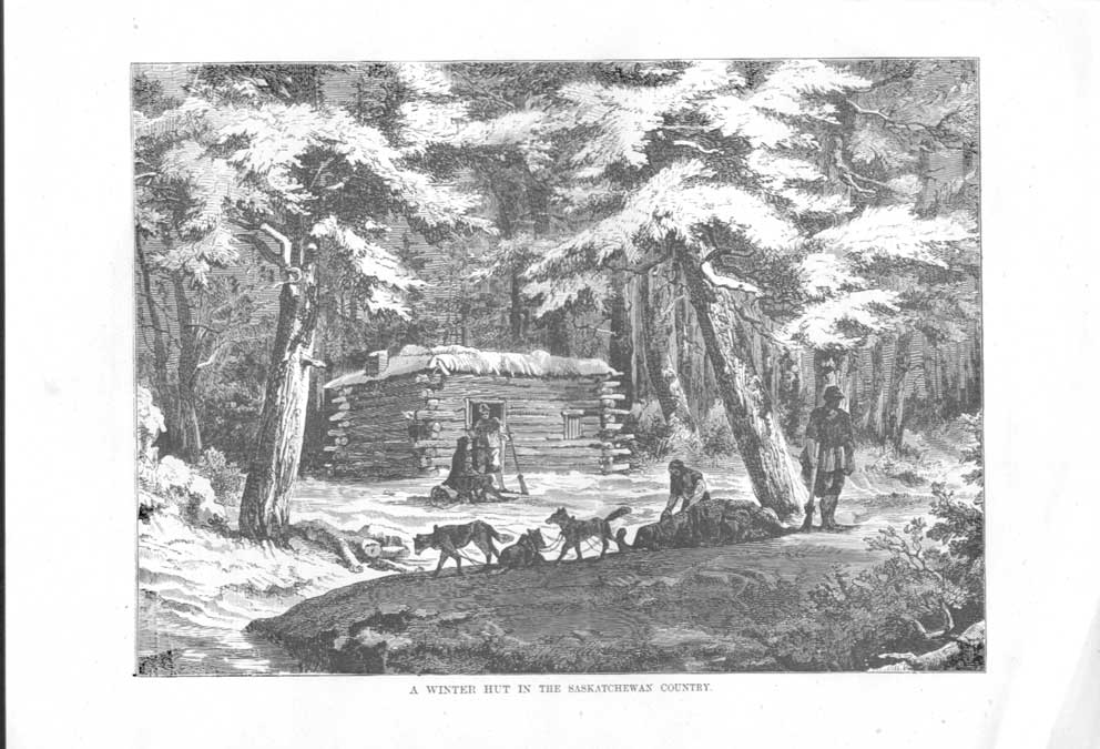 Original Old Antique Print Winter Hut Saskatchewan Forest C1890 Engravin 19th