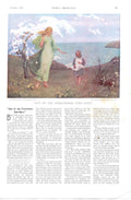 Original Old Antique Print Fine Art Mother Child Seashore