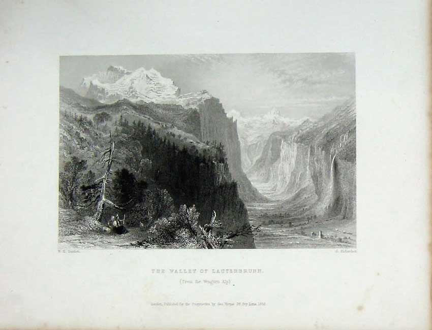 Original Old Antique Print Lauterbrunn Wengern Alp C1838 19th