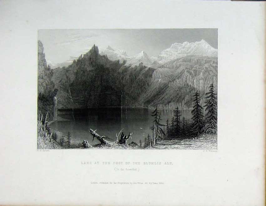Original Old Antique Print Lake At Foot Blumlis Alp Ascenthal C1838Victorian