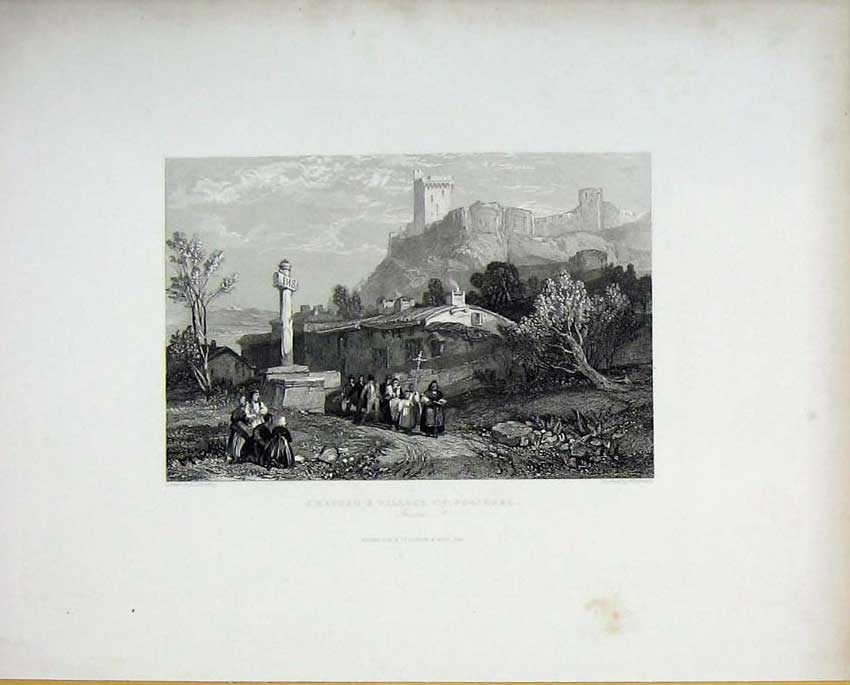 Original Old Antique Print Chatteau Village Polignac C1838 19th