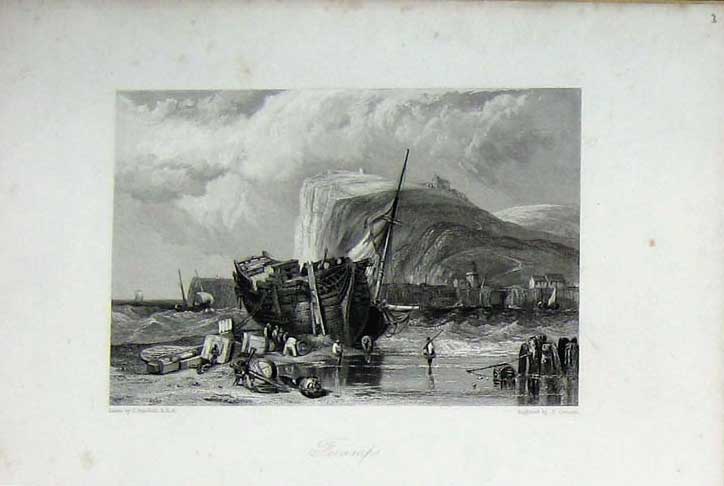 Original Old Antique Print Fecampe France C1838 19th Century