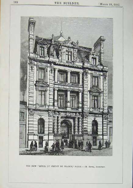 Original Old Antique Print New Hotel Du Credit De France Paris 1882 A Victorian