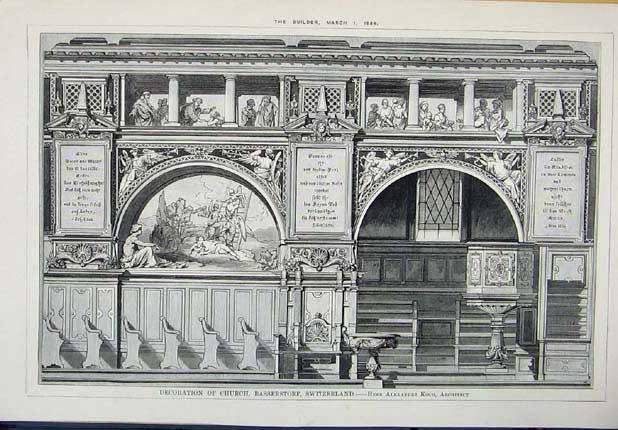 Original Old Antique Print Decoration Church Basserstorf Switzerland A