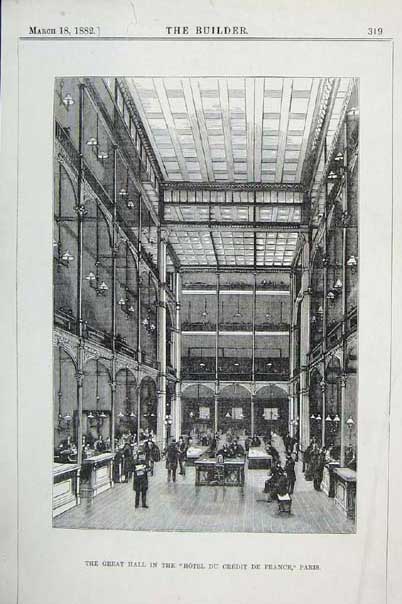 Original Old Antique Print Great Hall Hotel Du Credit De France 1882 A Victorian