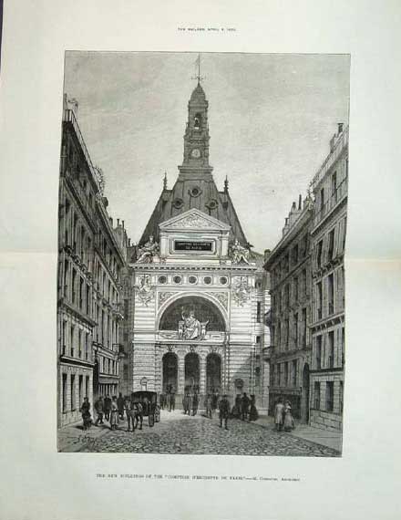 Original Old Antique Print New Build Comptoir D'Escompote De Paris 1882 A 19th