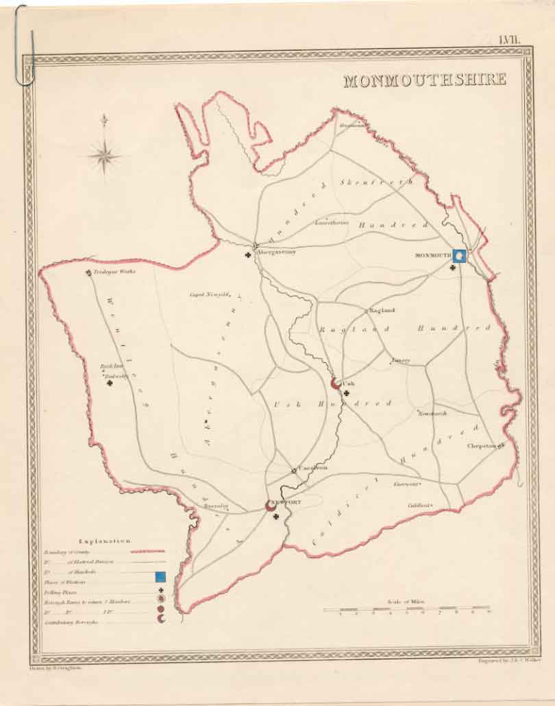 Original Old Antique Print Large Rare Map Monmouthshire Wales