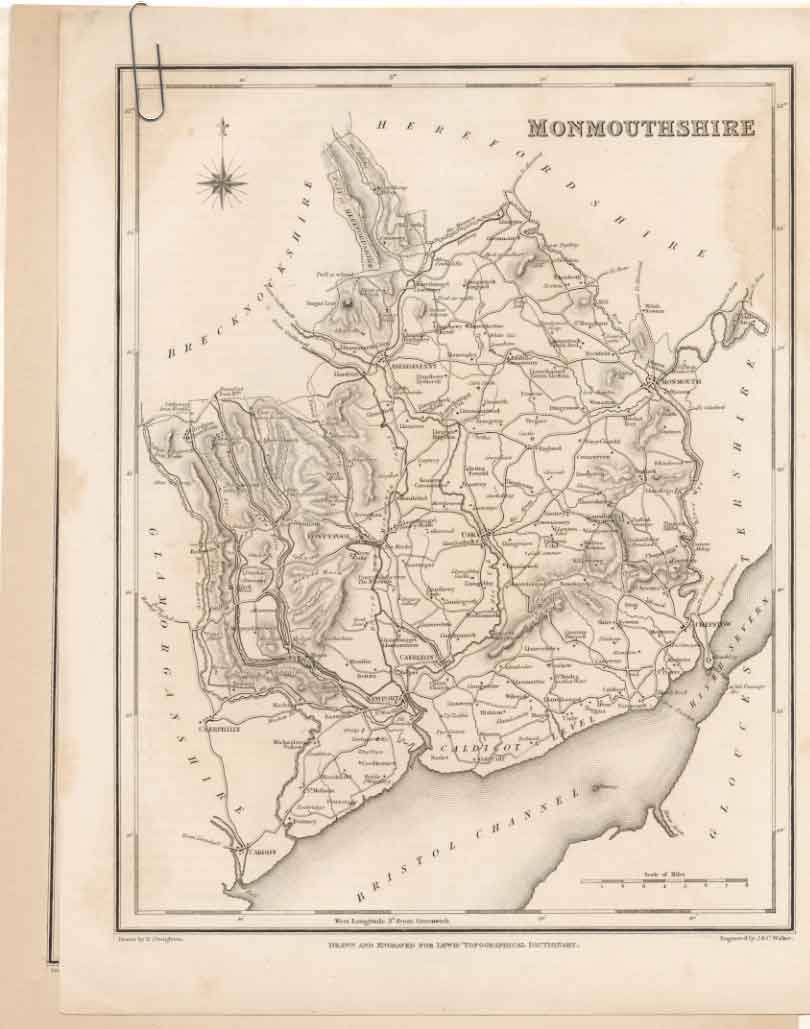 Original Old Antique Print Rare Map Monmouthshire Lewis C1835 Wa 19th Century
