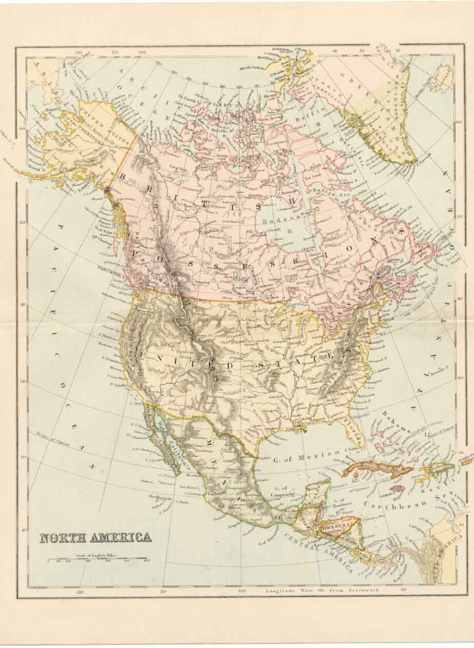 Original Old Antique Print Map C1890 North America British Possesions Victorian