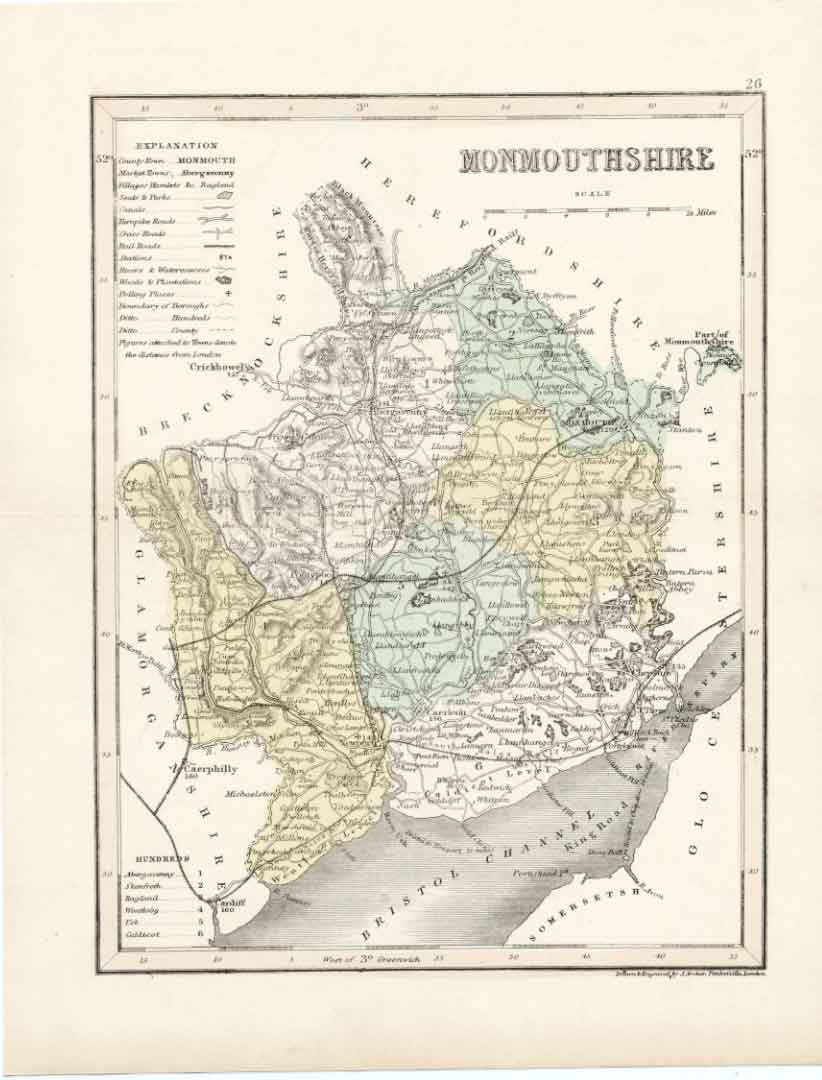 Original Old Antique Print H/C Map Monmouthshire C1864 *1 0 19th