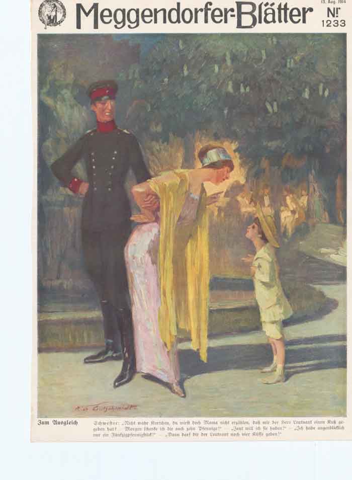 Original Old Antique Print Art Deco Humour Evening Stroll 1914 20th Century