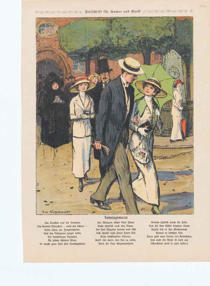 Original Old Antique Print Art Deco Humour Sunday Morning Service 1914 20th