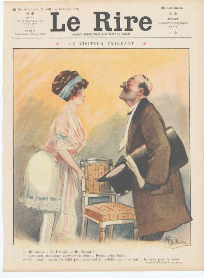 Original Old Antique Print Art Deco Humour Le Visiteur Exigeant 1910 20th