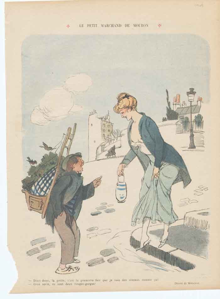 Original Old Antique Print Art Deco Humour Le Petit Marchand De Mouron