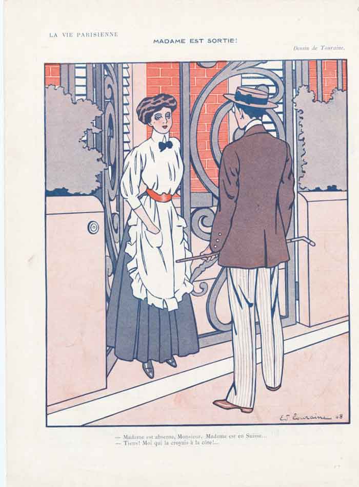 Original Old Antique Print Art Deco Humour Madame Est Sortie Suisse
