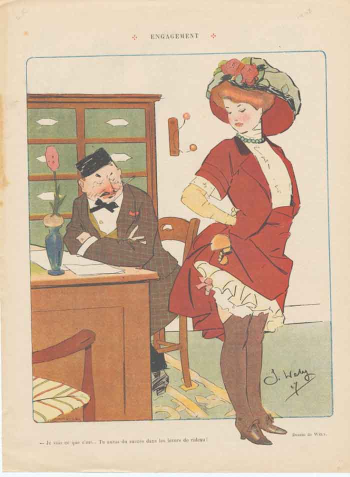 Original Old Antique Print Art Deco Humour Engagements At The Office !!