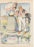 Original Old Antique Print Art Deco Humour Villegiature Happy Couple Victorian
