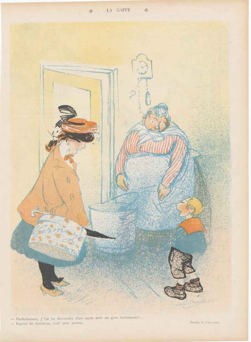 Original Old Antique Print Art Deco Humour La Gaffe 1906 French A 20th Century