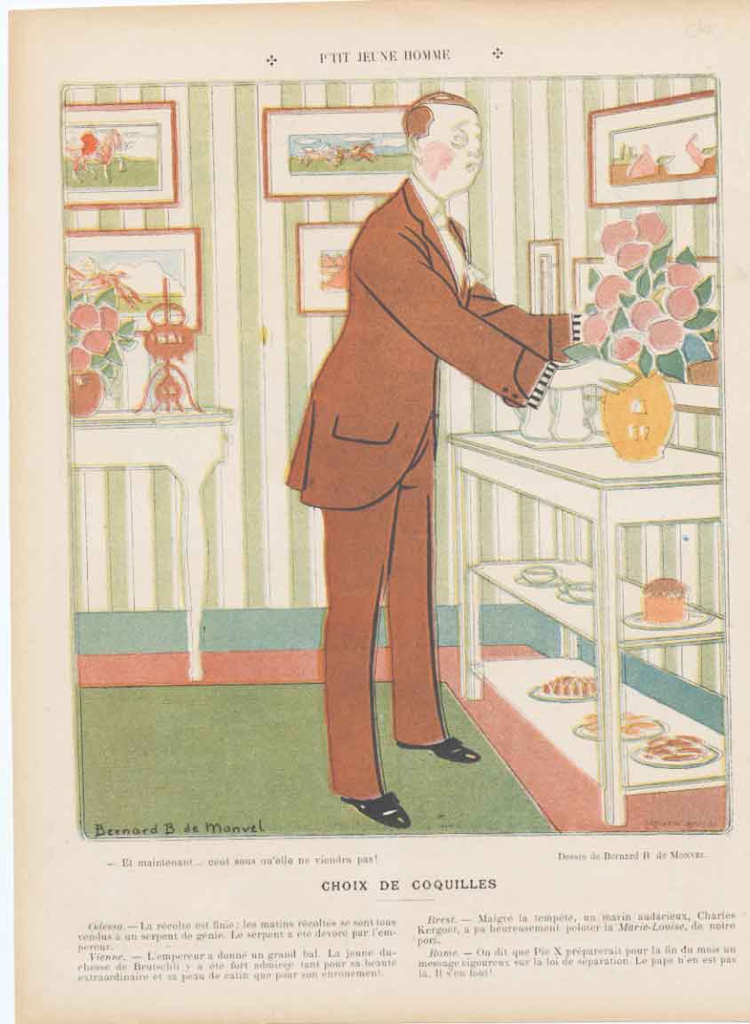 Original Old Antique Print Little Young Man Choice Flowers Cartoon