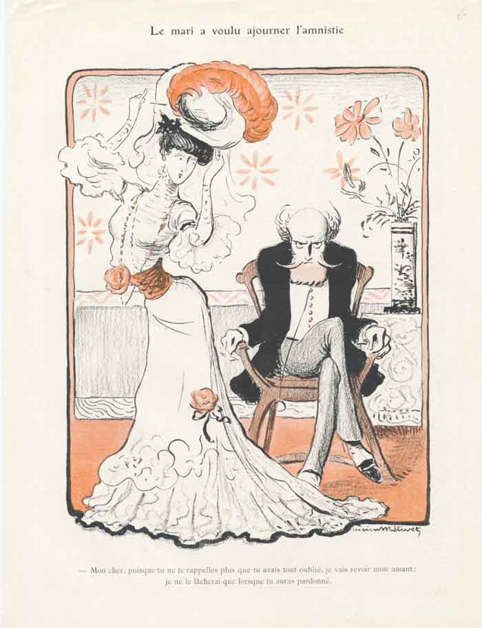 Original Old Antique Print Le Mari A Voulu Ajourner L'Amnistie Art Deco A