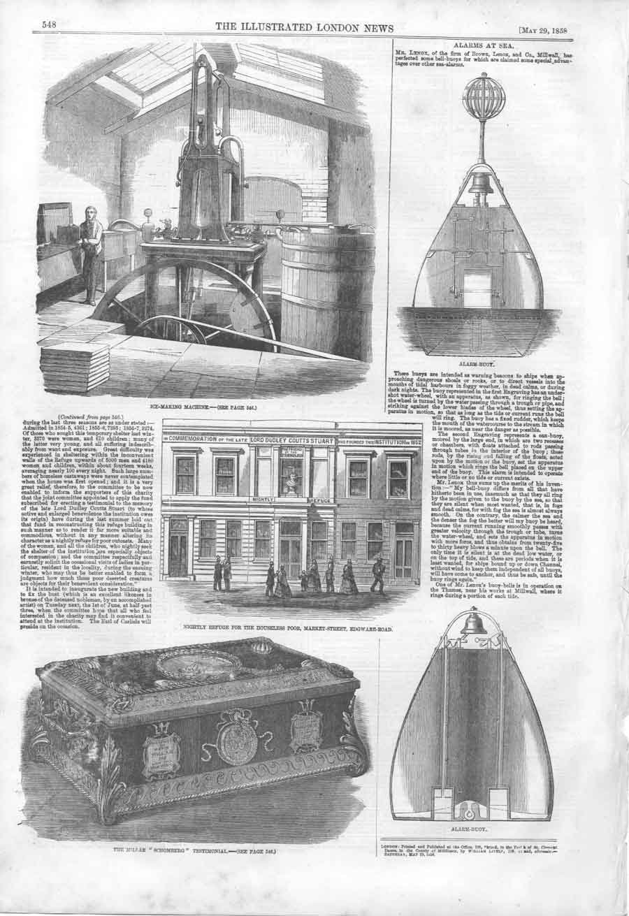 Original Old Antique Print Ice MakingAlarm Bouy Homeless Refuge London