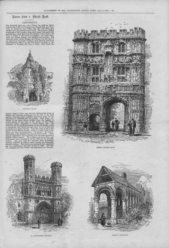 Original Old Antique Print 1874 Sketches CanterburyAntigue Engravings 19th