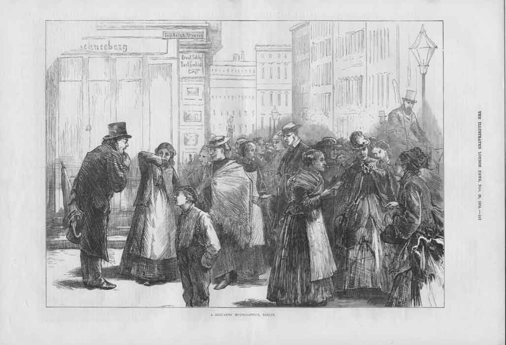 Original Old Antique Print Servants Hiring Office Berlin Germany 1874 19th