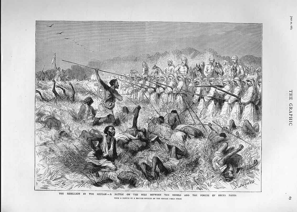 Original Old Antique Print Batle On Nile Rebels V Hicks Pasha 1883Victorian