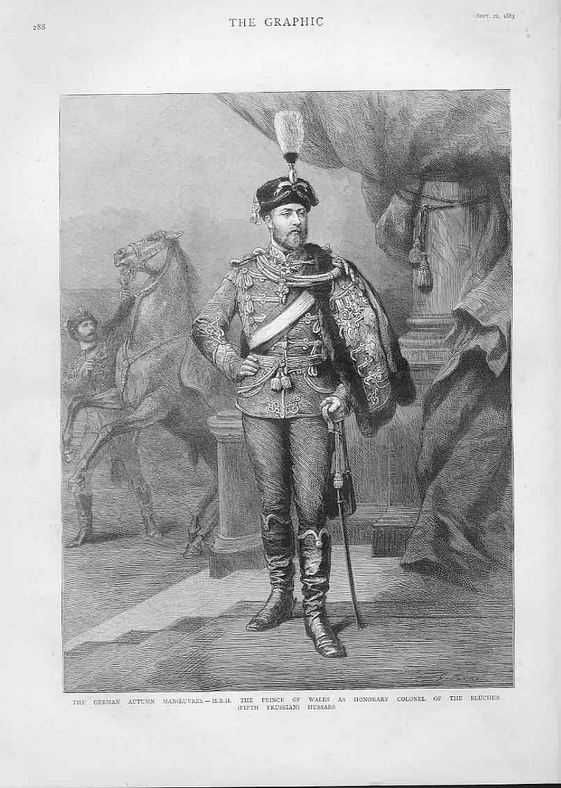 Antique Old Print Hrh Prince Wales Hon Colonel Blucher Hussars 1883 Portr 19th