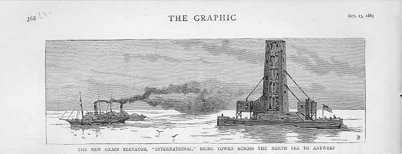 Original Old Antique Print Grain Elevator Towed To Antwerp 1883 ShipVictorian