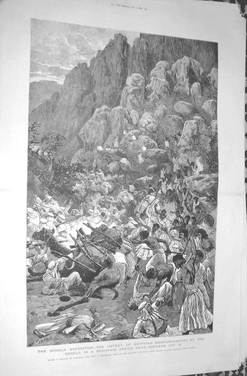 Original Old Antique Print Souda Egypt 1883 Defeat Mountain Defile Nr Souakim