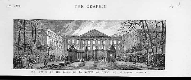 Original Old Antique Print Burning Palais De La Nation Brussels 1813 Belgium