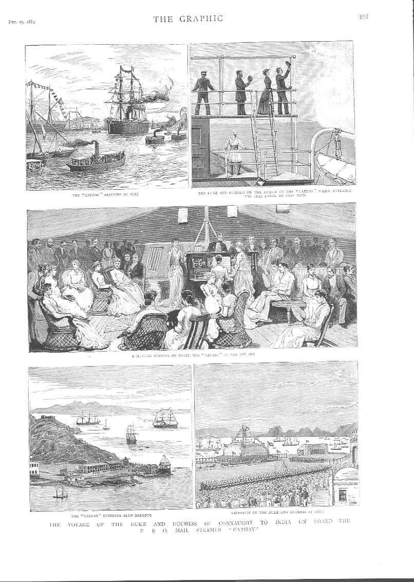 Original Old Antique Print To India On P & O Steamer Cathy 1883 19th