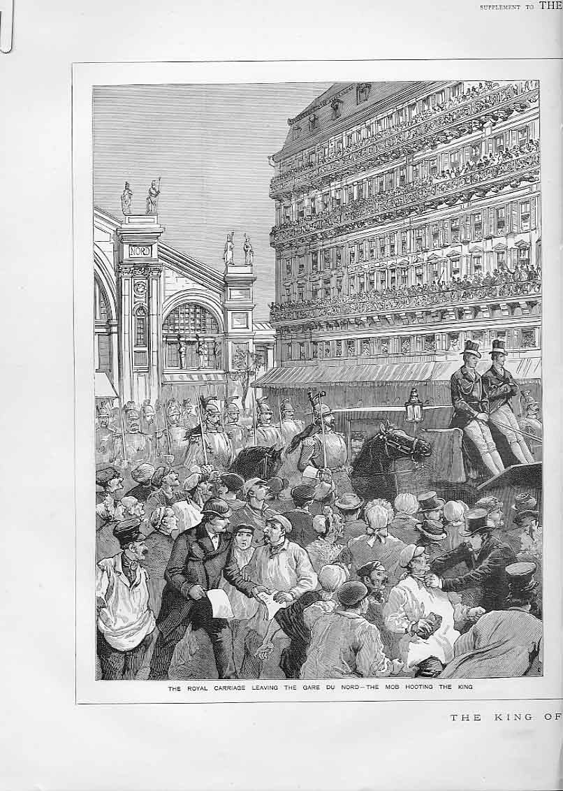 Original Old Antique Print King Spain In Paris 1883 19th Century