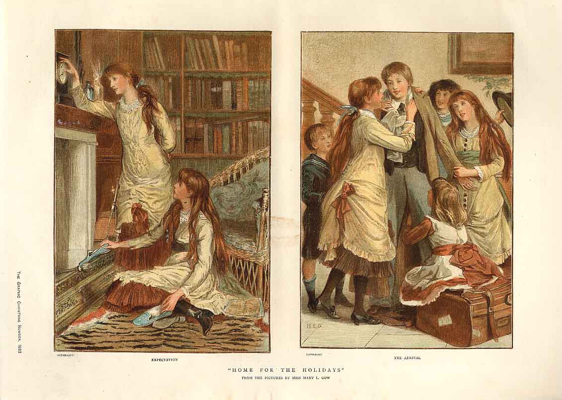 Original Old Antique Print Home For The Christmas Holidays 1883 19th
