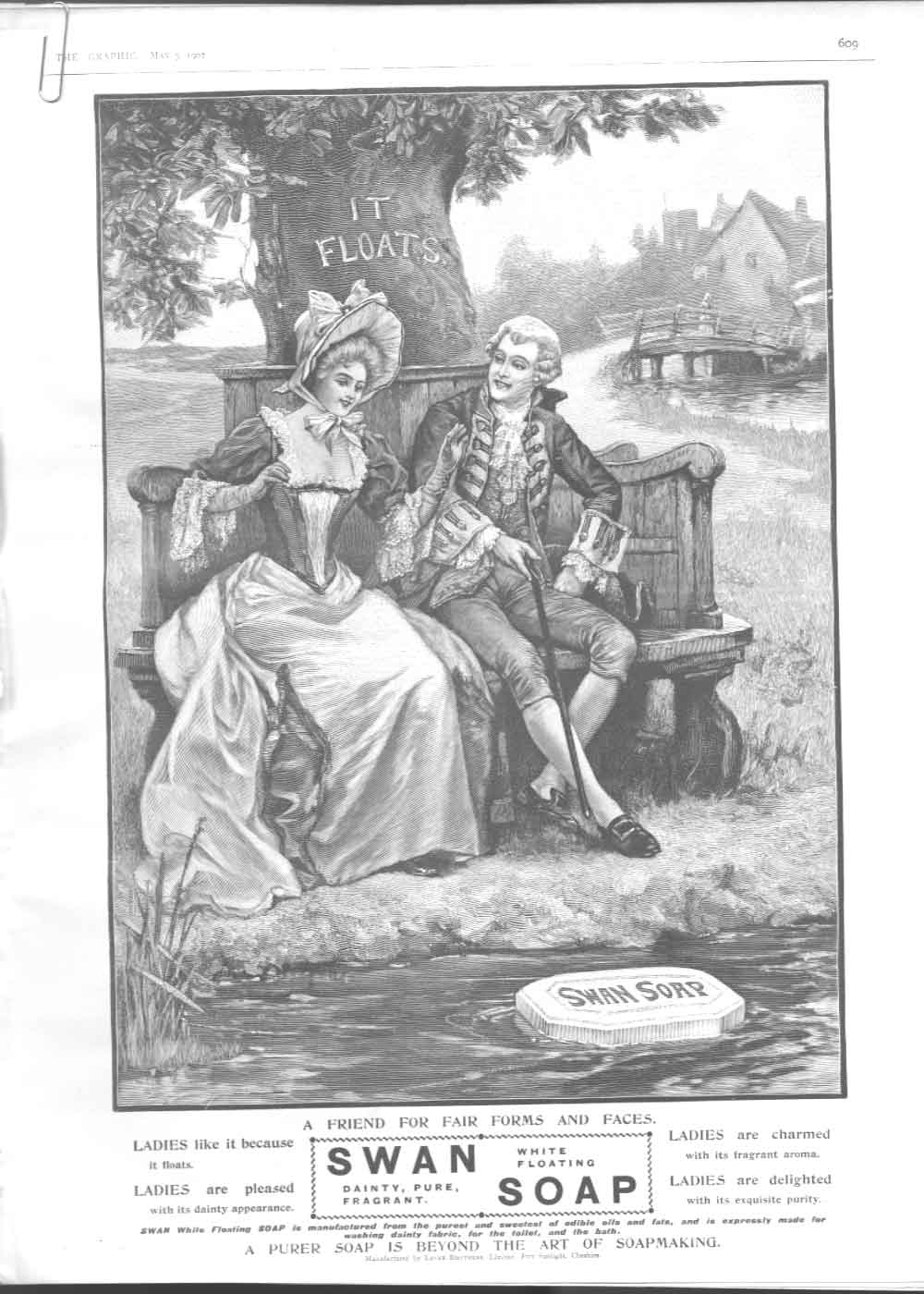 Old Antique Print Courting Couple See The Floating Swan Soap 1902 Advert 20th
