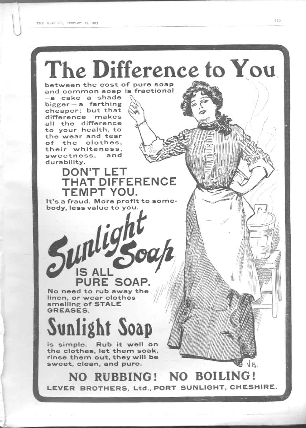 Original Old Antique Print Advert Sunlight Soap Difference To You 1903 20th