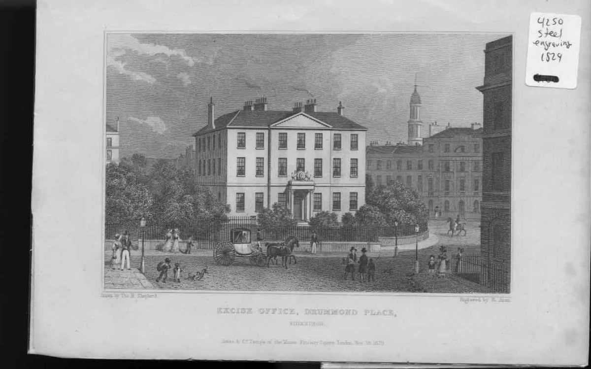 Original Old Antique Print Exceise Office Drummond Edinburgh 1829 Scotland 19th