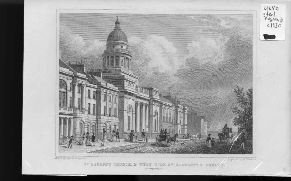 Old Antique Print St Georges Church Charlotte Sq Edinburgh C1830 Scotland 19th