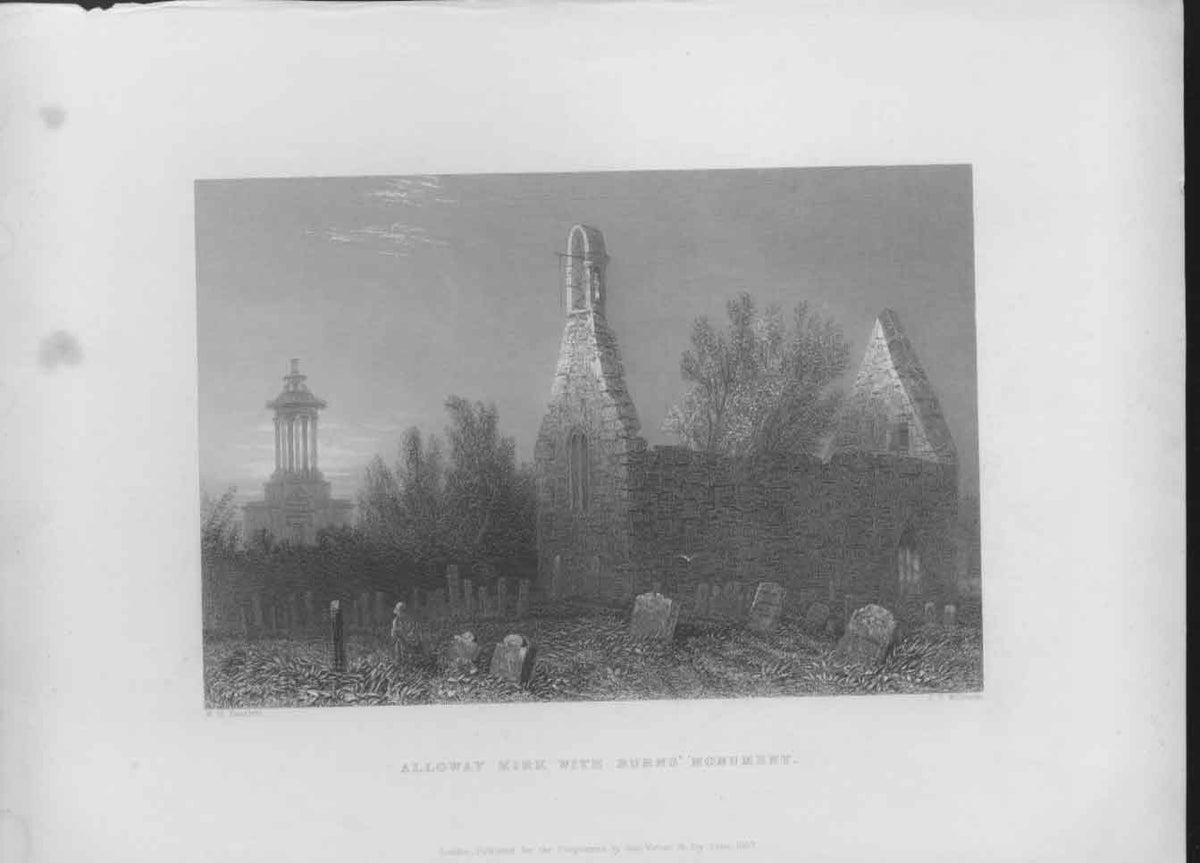 Original Old Antique Print Aloway Kirk & Burns Monument Scotland 1837 Victorian