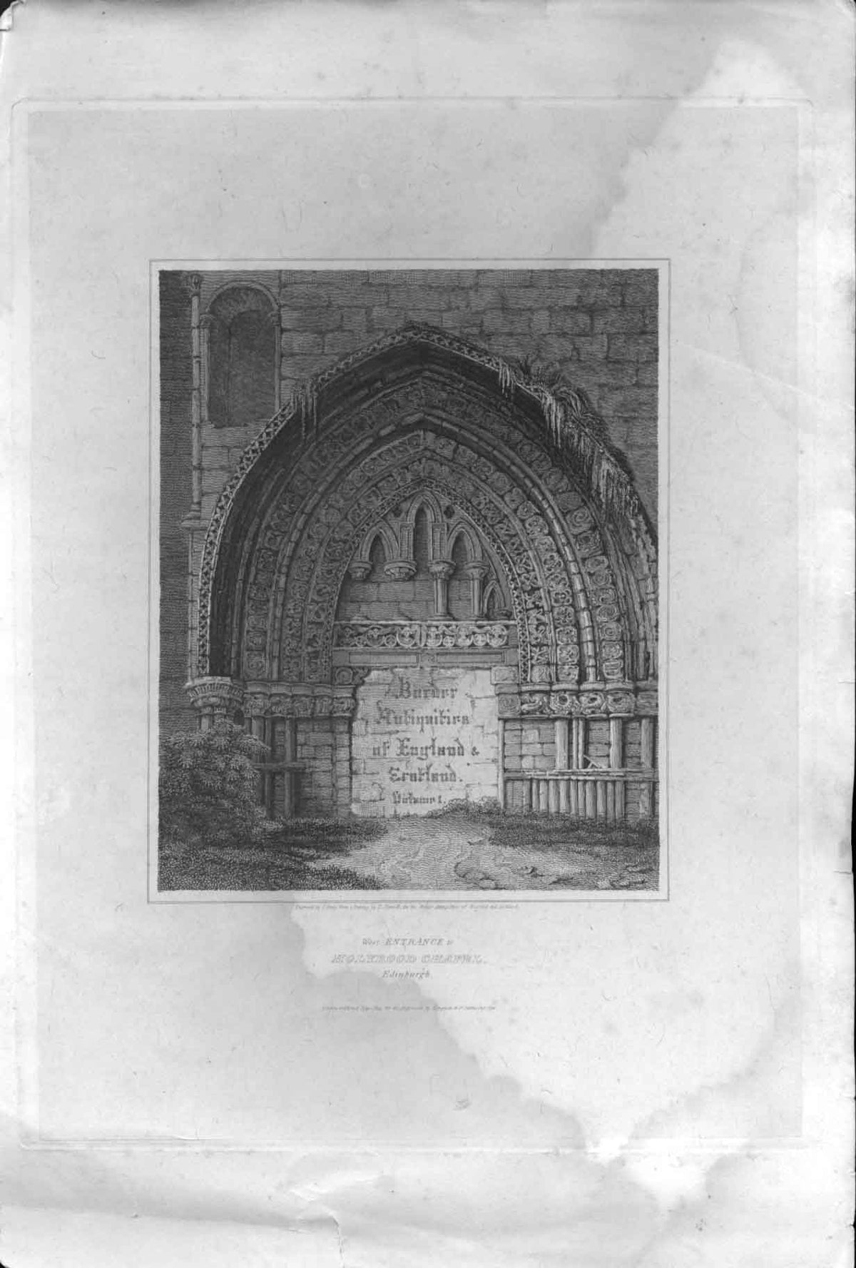 Original Old Antique Print Holyrood Chapel Entrance Scotland 1815 19th Century