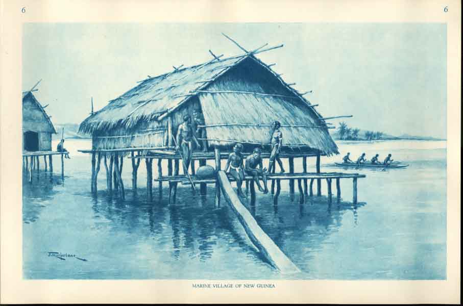 Original Old Antique Print Marine Village New Guinea Drawing By J Mcfarlane