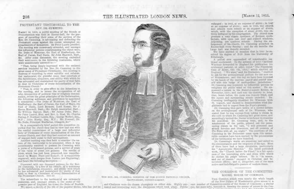 Original Old Antique Print Dr Cumming Minister Scotch National Church 1853