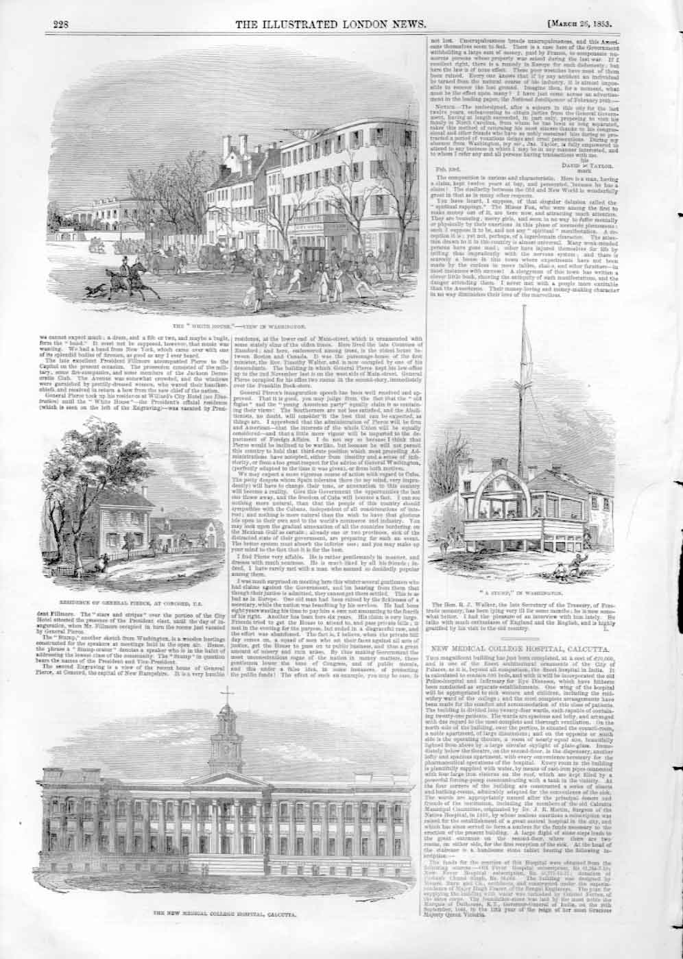 Original Old Antique Print White House Washington & Pierce House Concord 1853