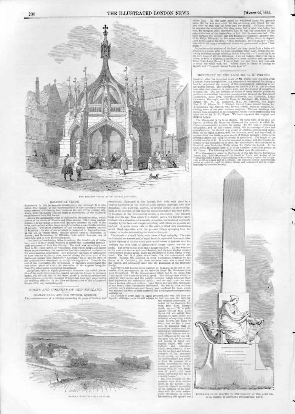 Original Old Antique Print Poultry Cross Salisbury 1853 19th Century