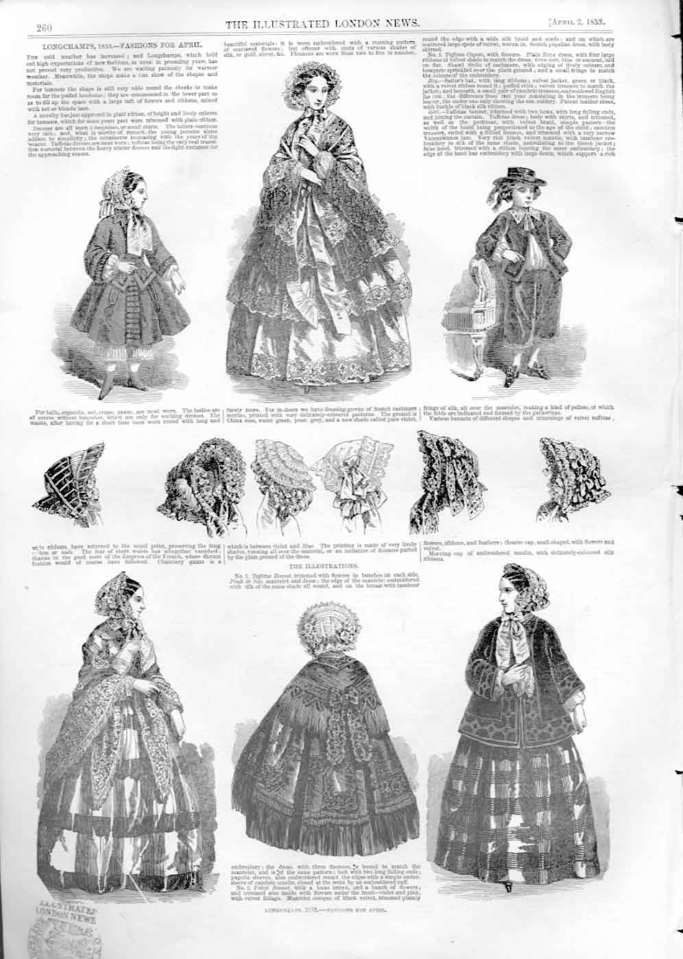 Original Old Antique Print Lonchamps 1853 Fashions For April 19th