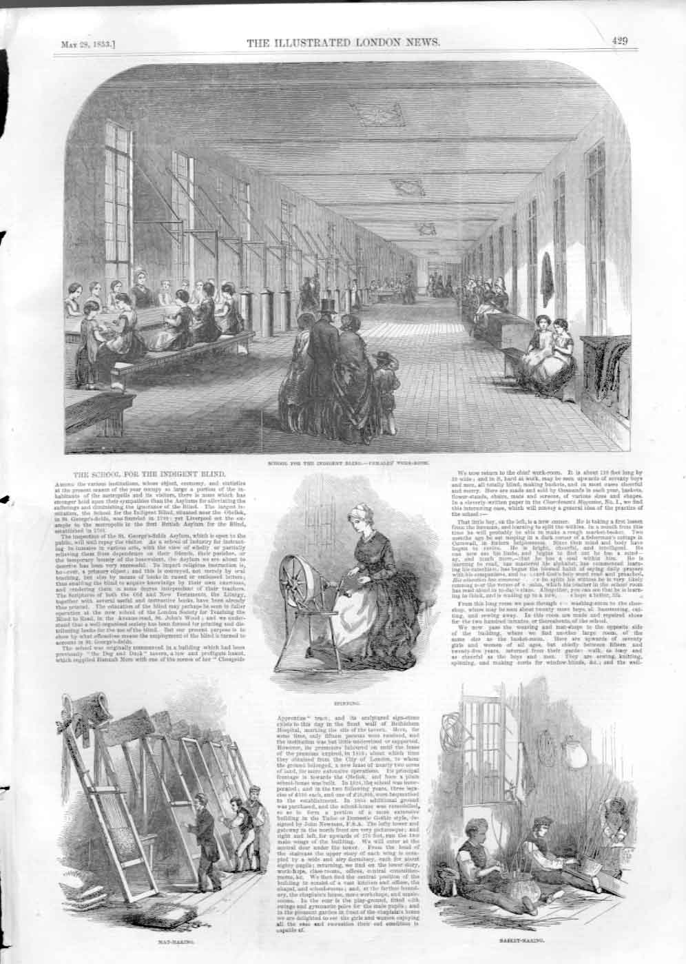 Original Old Antique Print School For Blind St Geaoges Field 1853Victorian