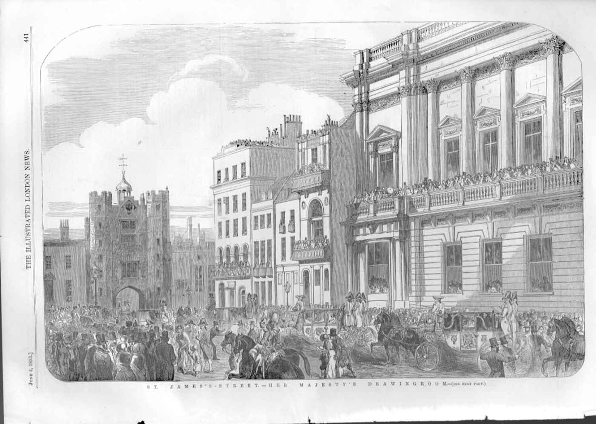 Original Old Antique Print St James Street Queen Victoria'S Drawing Room 1853